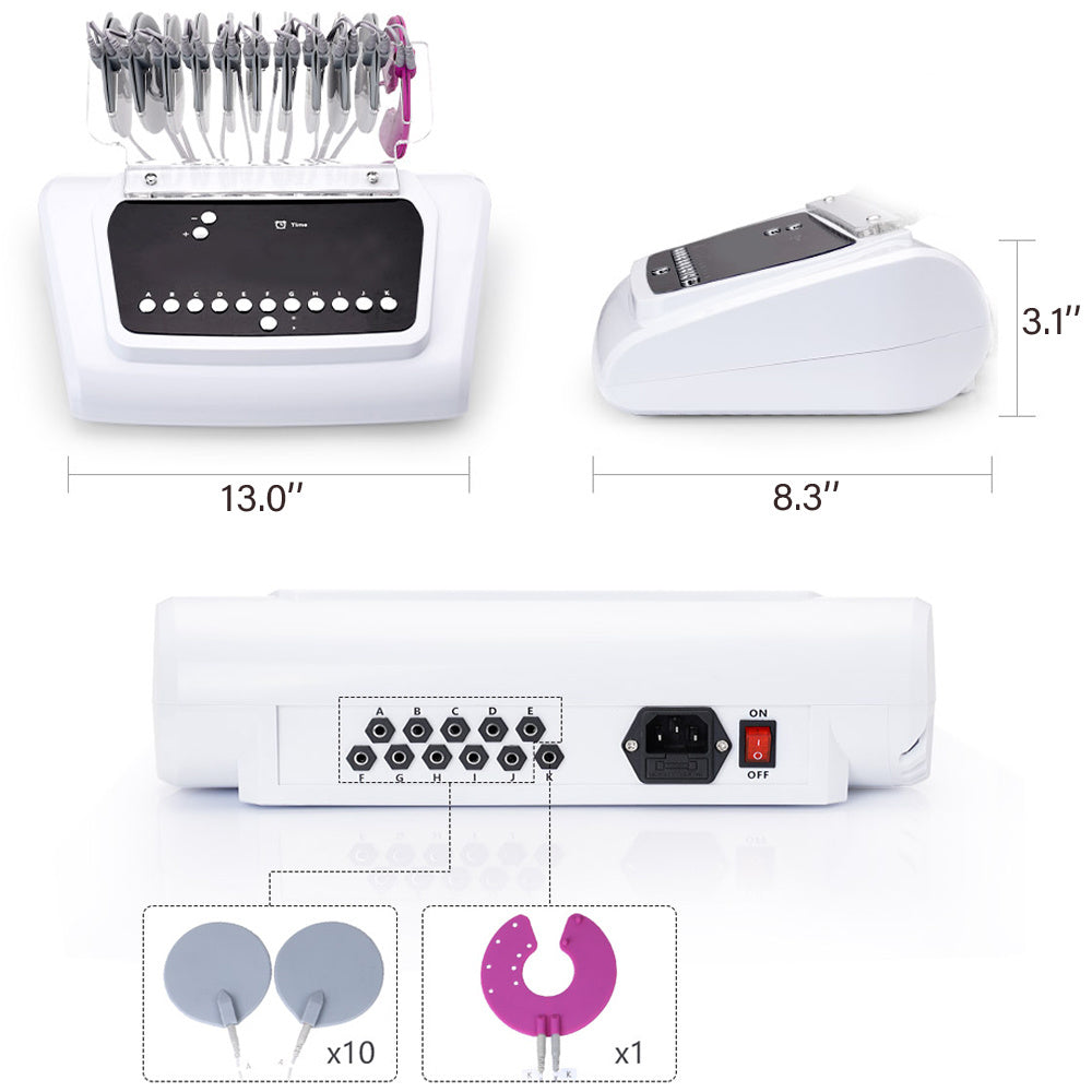 EMS Muscle Stimulator Electrostimulation Machine designed for body slimming and breast lifting, featuring various accessories for effective use.